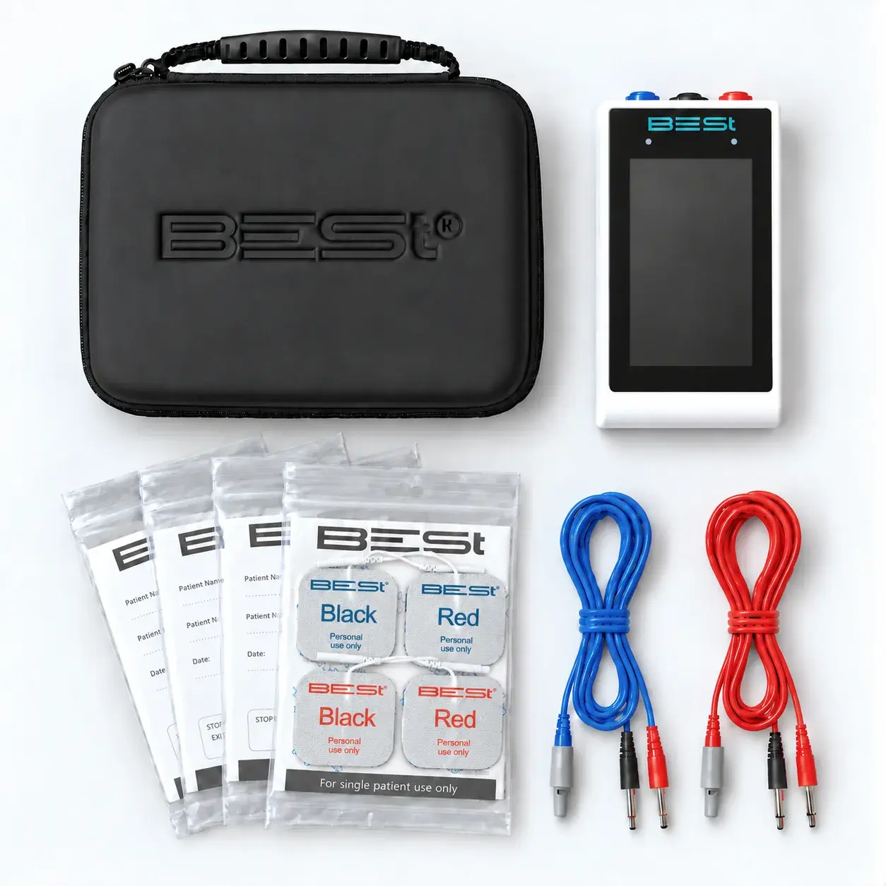 The closed travelling case, the device beside it, four packs of adhesive pads and the coiled red and blue cables, laid out from above