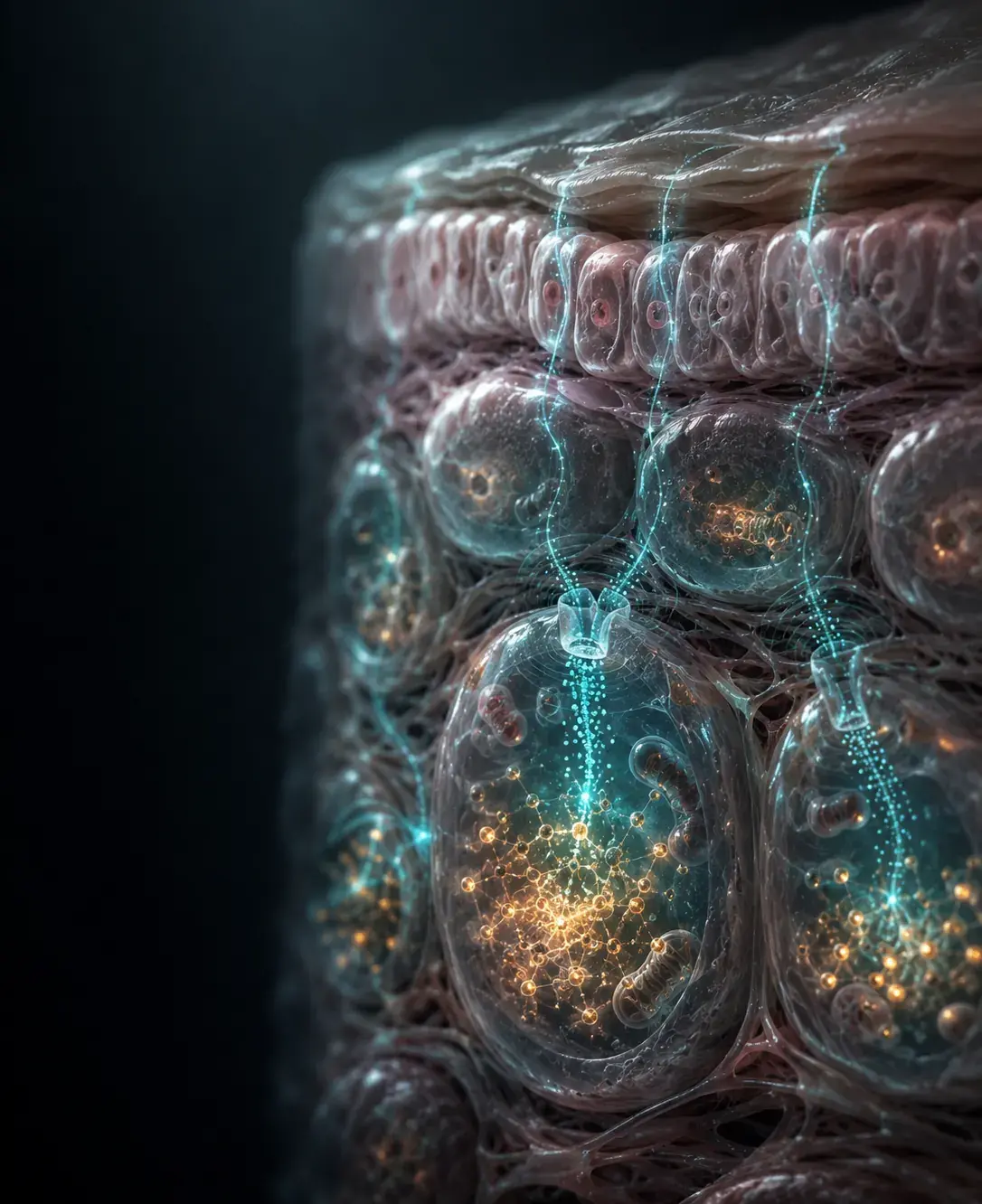 An illustration of fine currents running down through layers of tissue into the cells beneath, with points of light inside them
