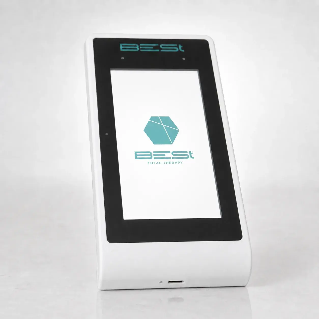 The Baby B-E-St standing upright, its touchscreen lit