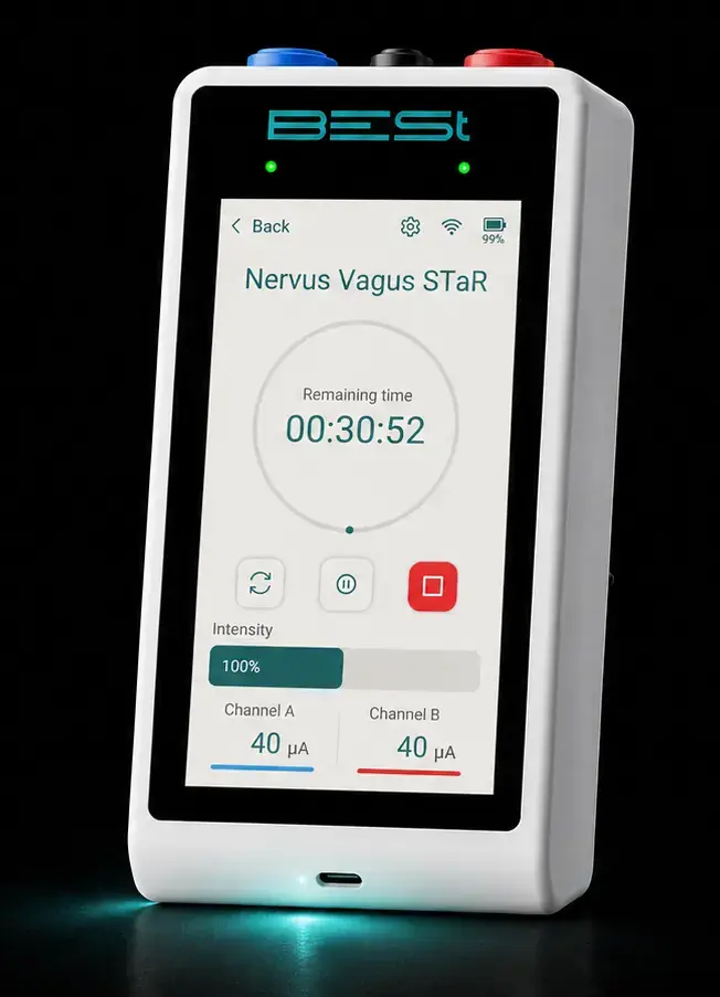 The Baby B-E-St running Nervus Vagus STaR, the time counting down and both channels at 40 microamperes