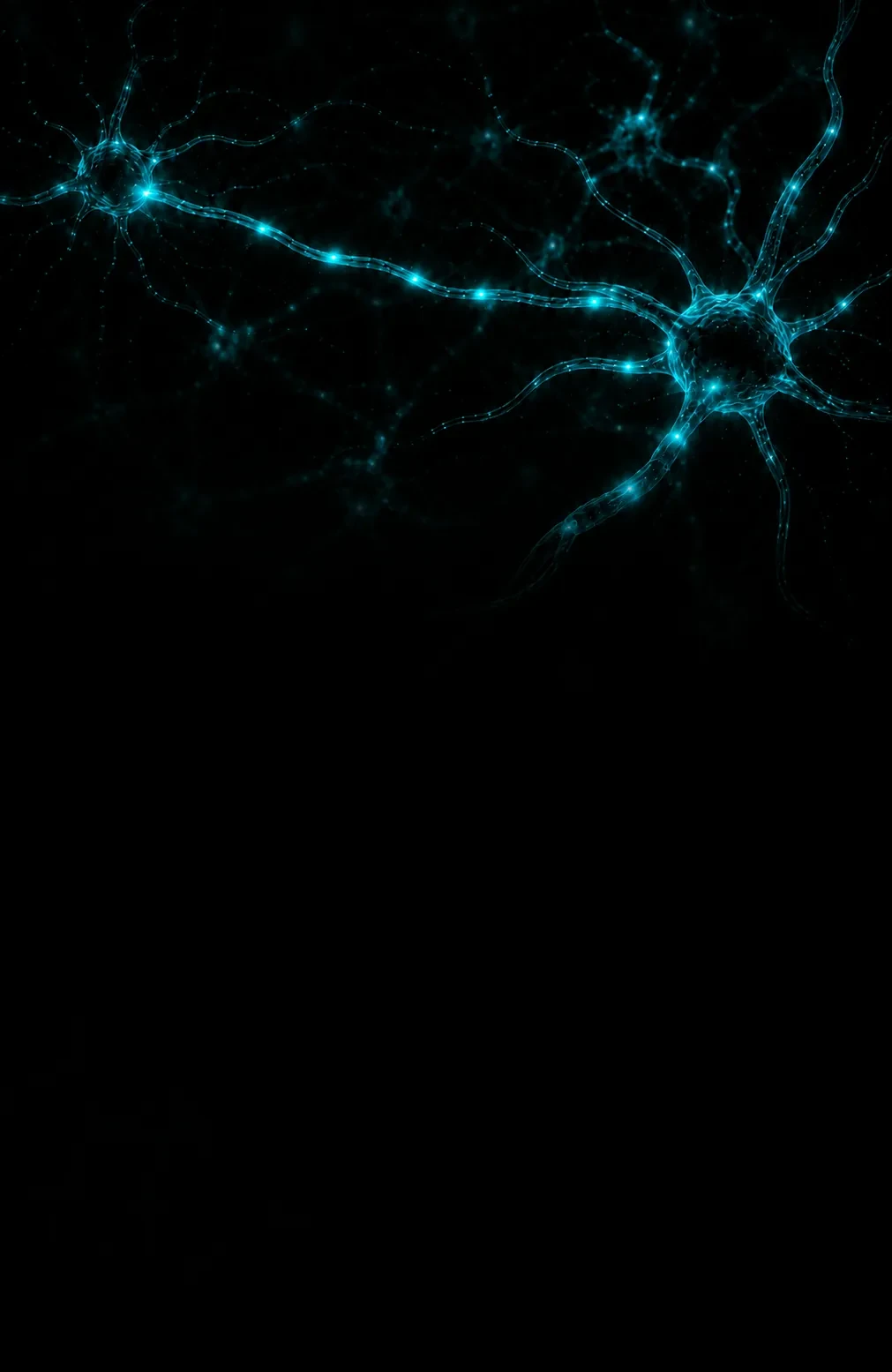 A nerve cell glowing turquoise against black, its branches reaching out into the dark