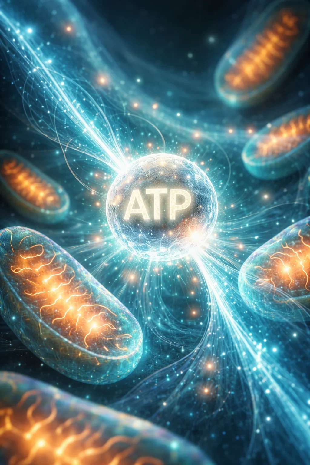 An illustration of mitochondria inside a cell, with ATP at the centre of it